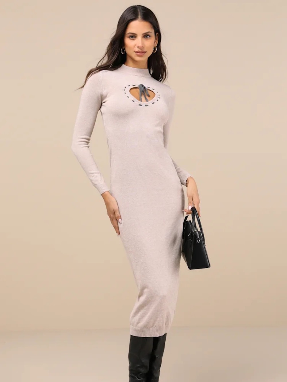 New Daisy Street Small Beloved Presence Heather Beige Cutout Midi Sweater Dress